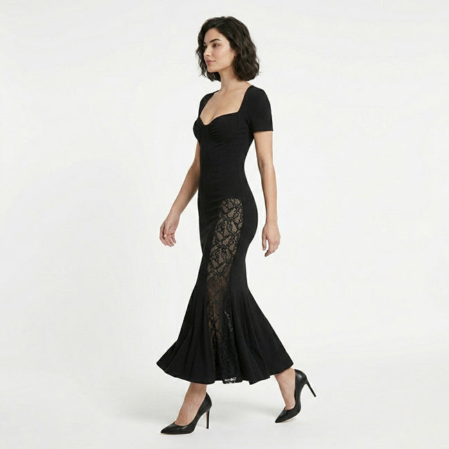 Women's V-Neck Lace Pleated Midi Dress