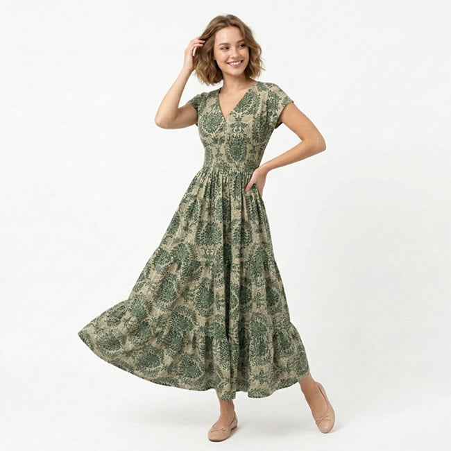 Women's Print Maxi V Neck Short Sleeve Dress