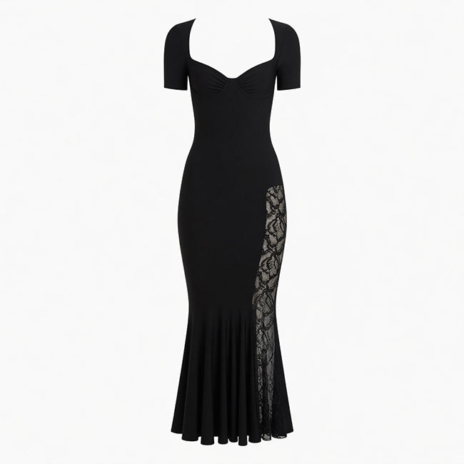 Women's V-Neck Lace Pleated Midi Dress