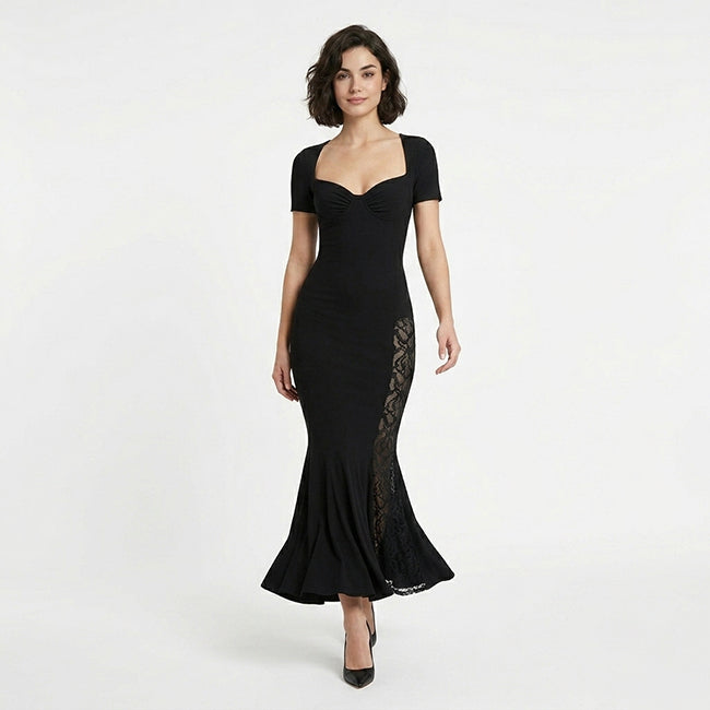 Women's V-Neck Lace Pleated Midi Dress