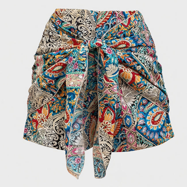 Women’s High Waist Floral Paisley Tie Front Shorts