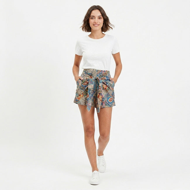 Women’s High Waist Floral Paisley Tie Front Shorts