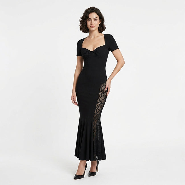 Women's V-Neck Lace Pleated Midi Dress