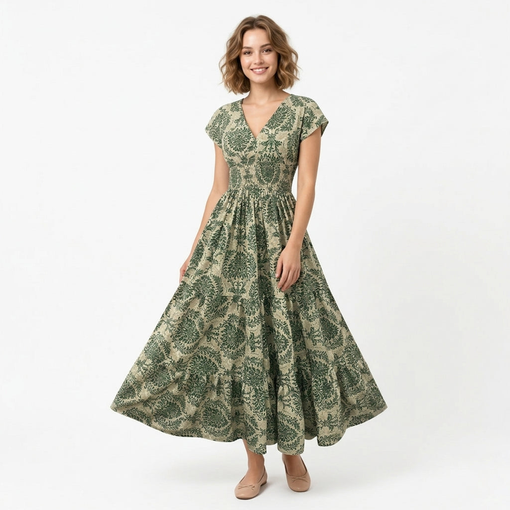 Women's Print Maxi V Neck Short Sleeve Dress