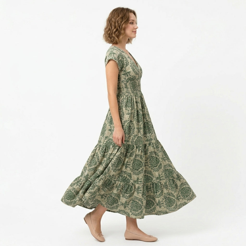 Women's Print Maxi V Neck Short Sleeve Dress